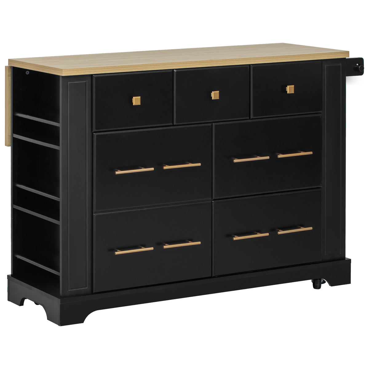 variant-group:rf-n707s307292b|Roomfitters 51" Kitchen Island with Power Outlet and Drop Leaf, Rolling Cabinet with Pull-Out Trash Can Drawer, Black