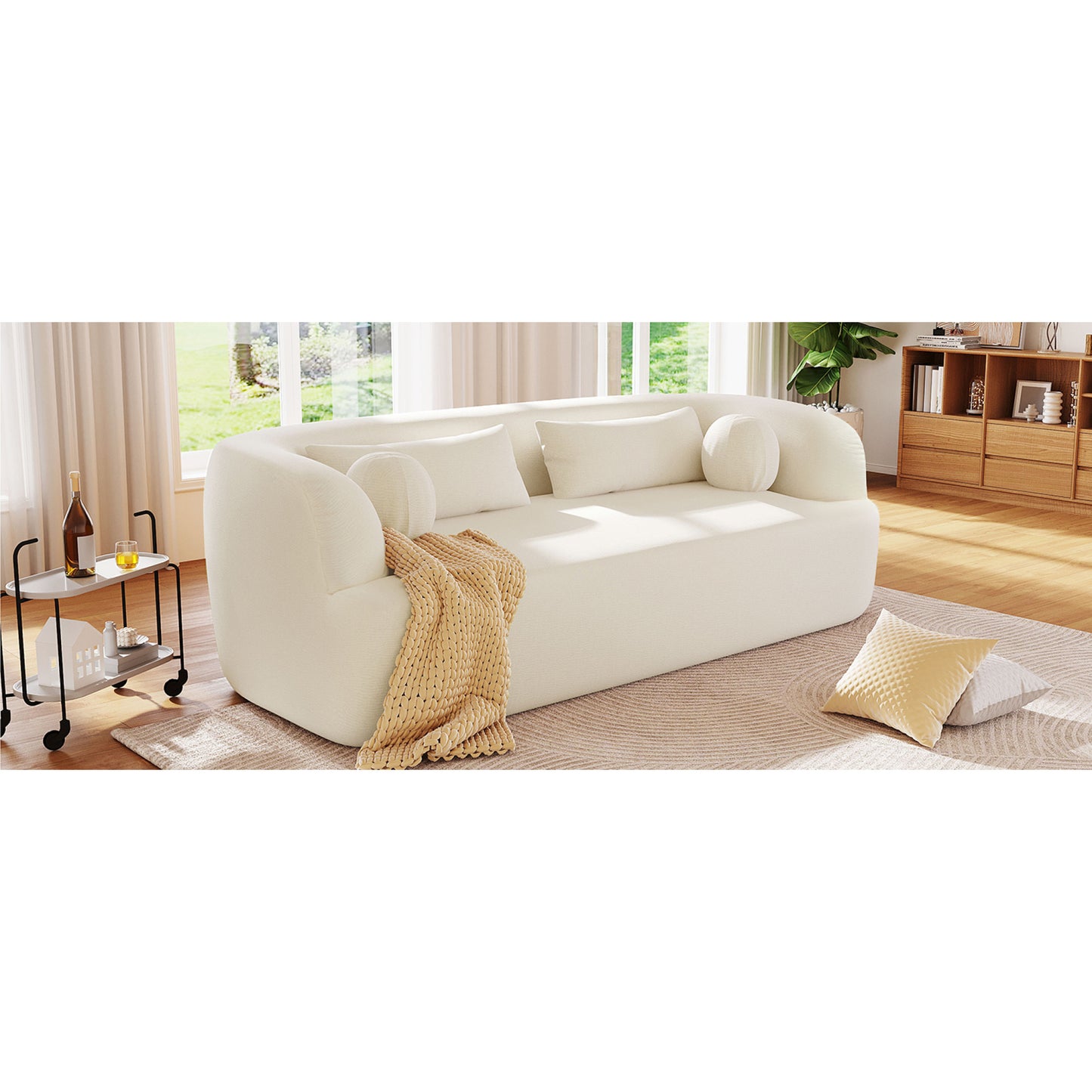 variant-group:rf-n723p404465a|Roomfitters 86 Inch Modern Curvy Sofa, 3-Seater Rounded Upholstered Couch with Plush Throw Pillows for Living Room, Beige