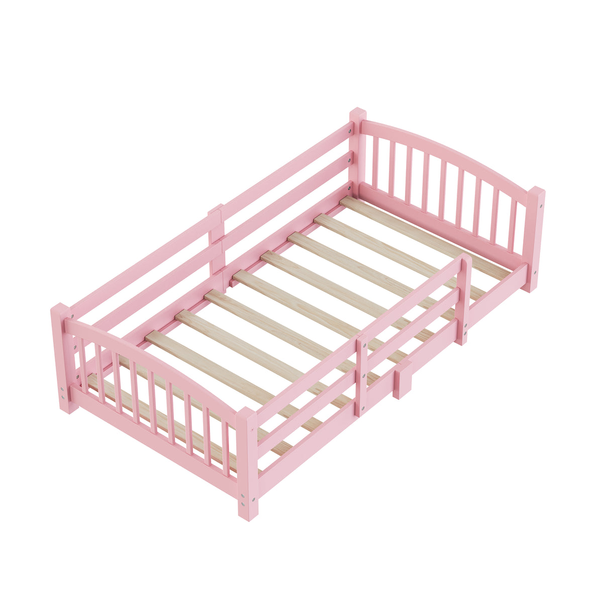 variant-group:rf-n733p400298h|Roomfitters Twin Montessori Floor Bed with Guardrails, Solid Wood Low Platform Bed with Slats, Easy Assembly, Pink