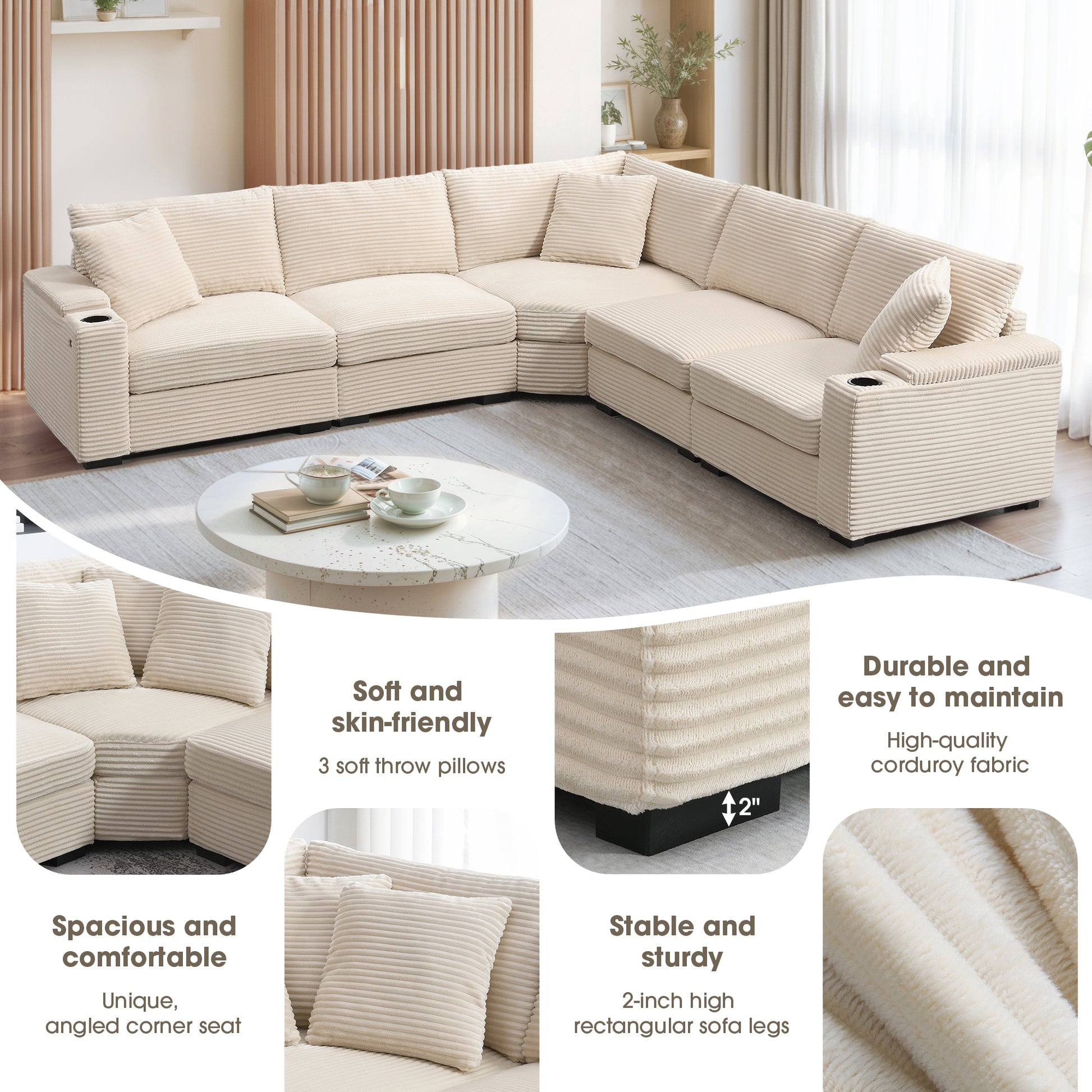 variant-group:rf-n723s1187a|Roomfitters 104 Inch Modern L-Shaped Sectional Sofa with Cup Holders, Comfortable Corduroy Upholstered Corner Couch, Beige