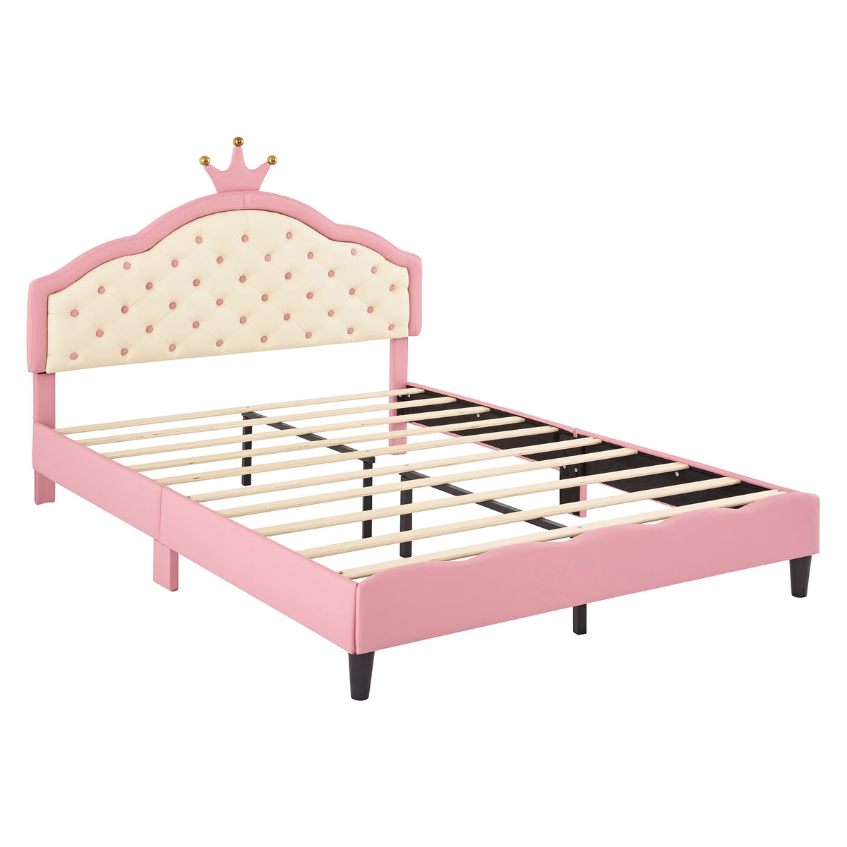 variant-group:rf-n733p198762h|Roomfitters Full Size Upholstered Princess Bed with Crown Design, Elegant PU Leather Platform Bed with Tufted Headboard for a Stylish Bedroom, Pink + Cream