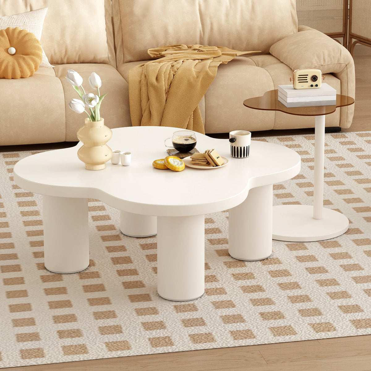 Roomfitters Modern Coffee Table Set of 2 with Irregular Shape and Glass End Table, Roman Column Legs, White Roomfitters