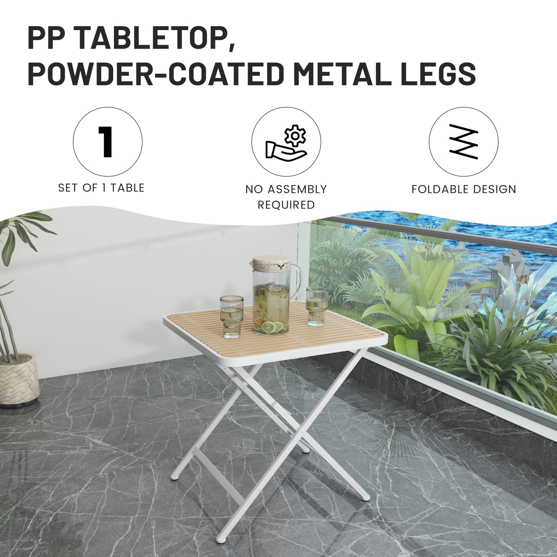 Summer - Modern folding square table- indoor and outdoor multi-functional table- polypropylene tabletop with metal legs, suitable for dining rooms, living rooms, gardens, terraces, etc. (White, khaki) Roomfitters