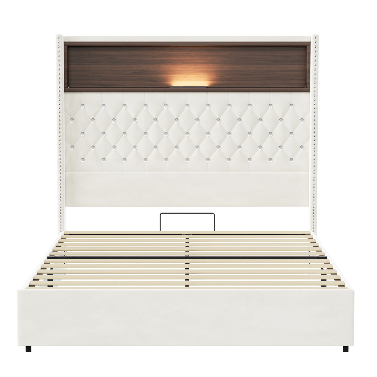 variant-group:rf-n733p368653a|Roomfitters Full Velvet Tufted Platform Bed with Charging Ports, Tall Wingback Headboard with Rivet Trim and Shelf, Beige