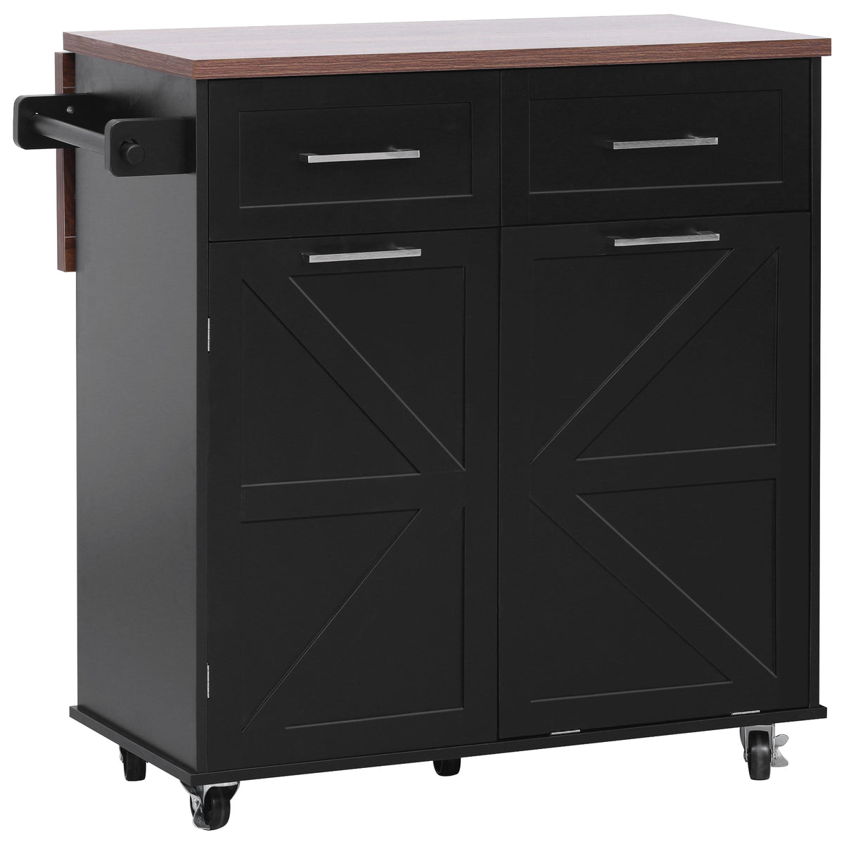 variant-group:rf-n707p307296b|Roomfitters 47.2" Farmhouse Kitchen Island with Drop Leaf, Tilt Trash Can Cabinet, Removable Mobile Side Racks, Black