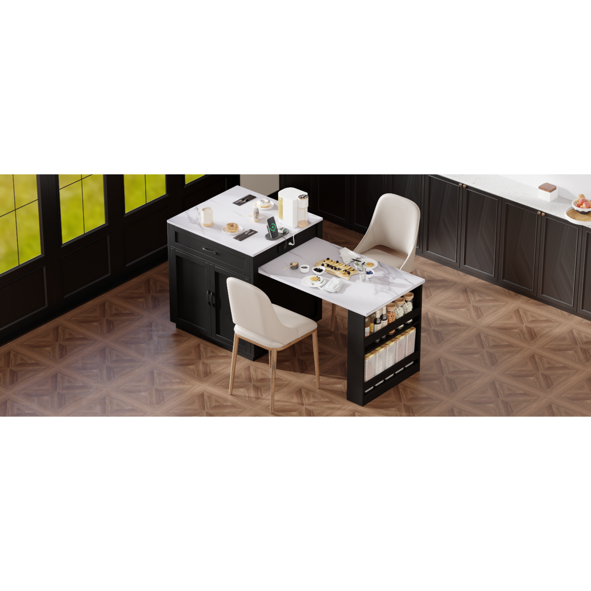 variant-group:rf-n707s000010b|Roomfitters 82.7" Kitchen Island with Extendable Table, Faux Marble Top, Double Storage, Power Outlet, Black