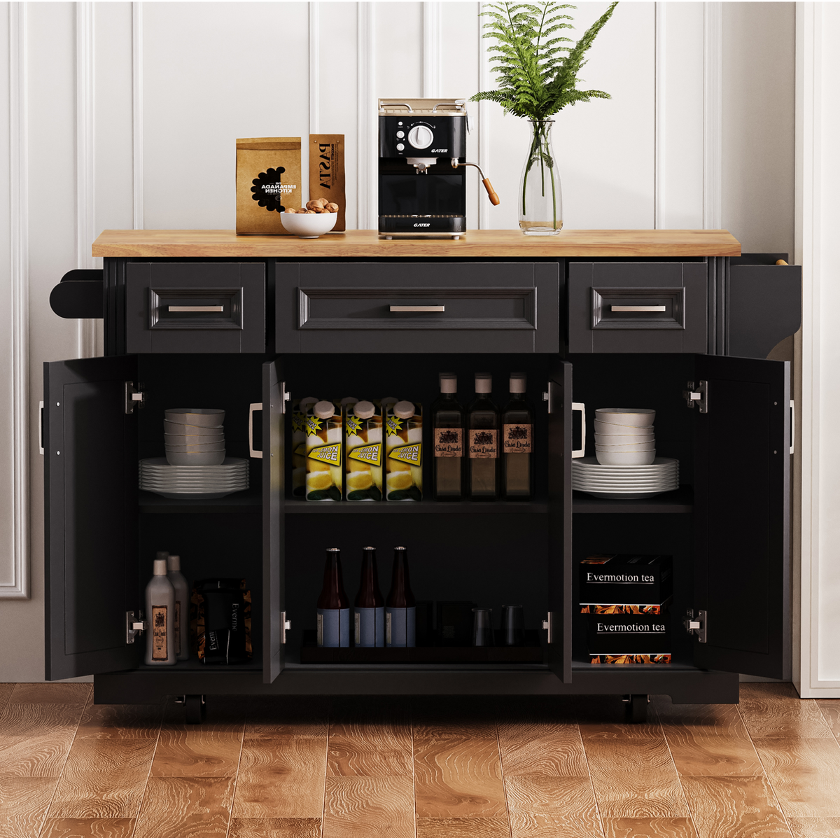 variant-group:rf-n707s195395b|Roomfitters 54" Kitchen Island with Wood Top, Rolling Storage Cabinet with 3 Drawers and 3 Doors, Spice Rack, Black