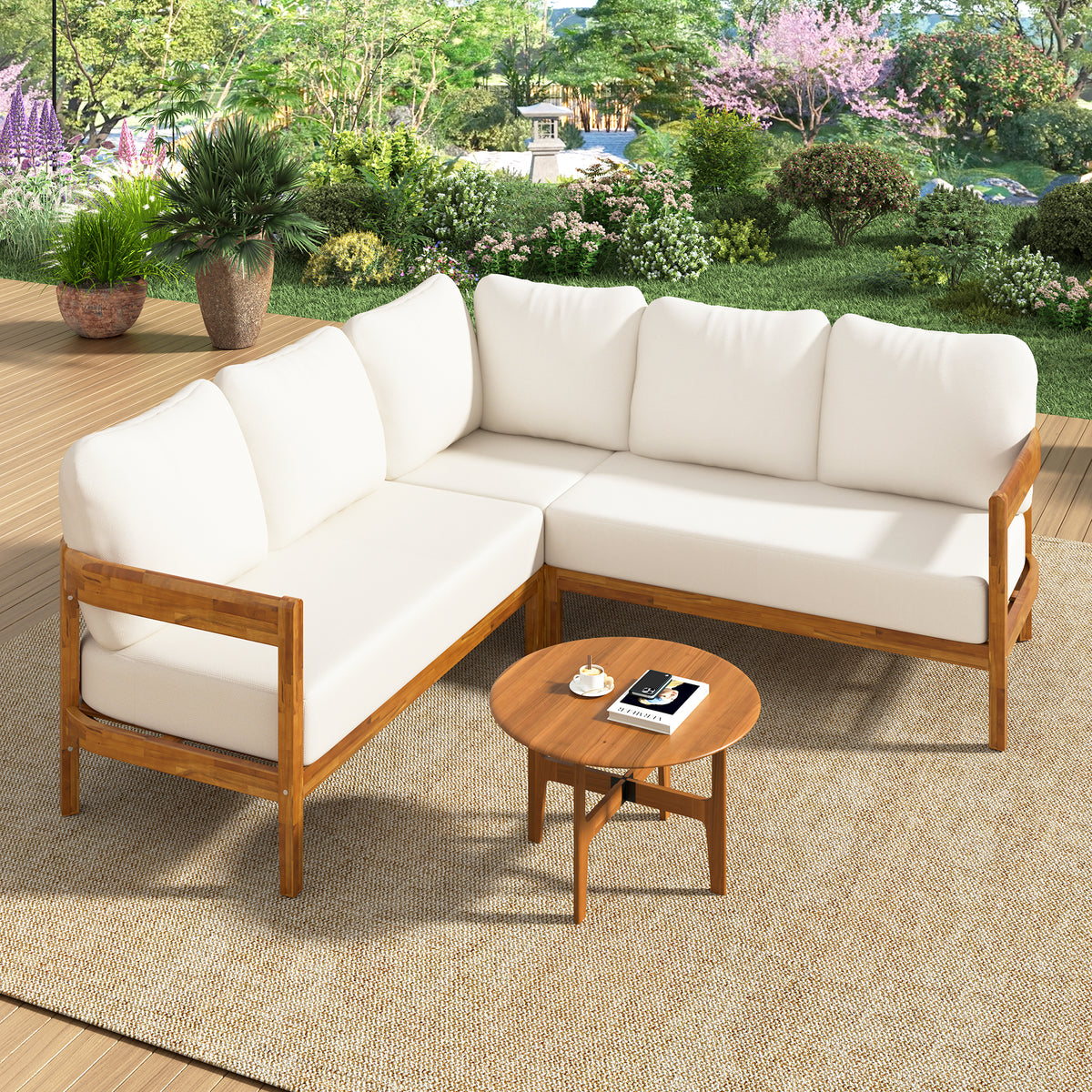 variant-group:rf-n711wy000481aaa|Roomfitters Modern Coastal White Solid Acacia Wood L-Shaped Outdoor Patio Sectional Sofa Conversation Seating Set
