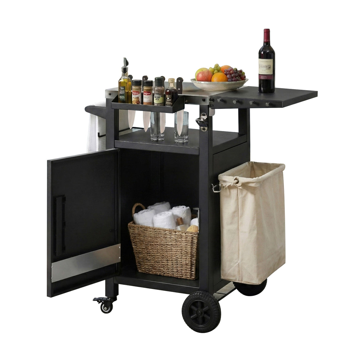Roomfitters 33.9" Grill Cart with Stainless Steel Top, BBQ Prep Station with Spice Rack and Hamper Bag, Rolling Cart, Black