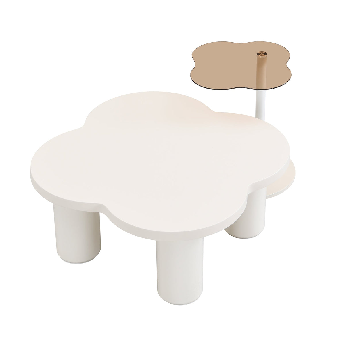 Roomfitters Modern Coffee Table Set of 2 with Irregular Shape and Glass End Table, Roman Column Legs, White Roomfitters