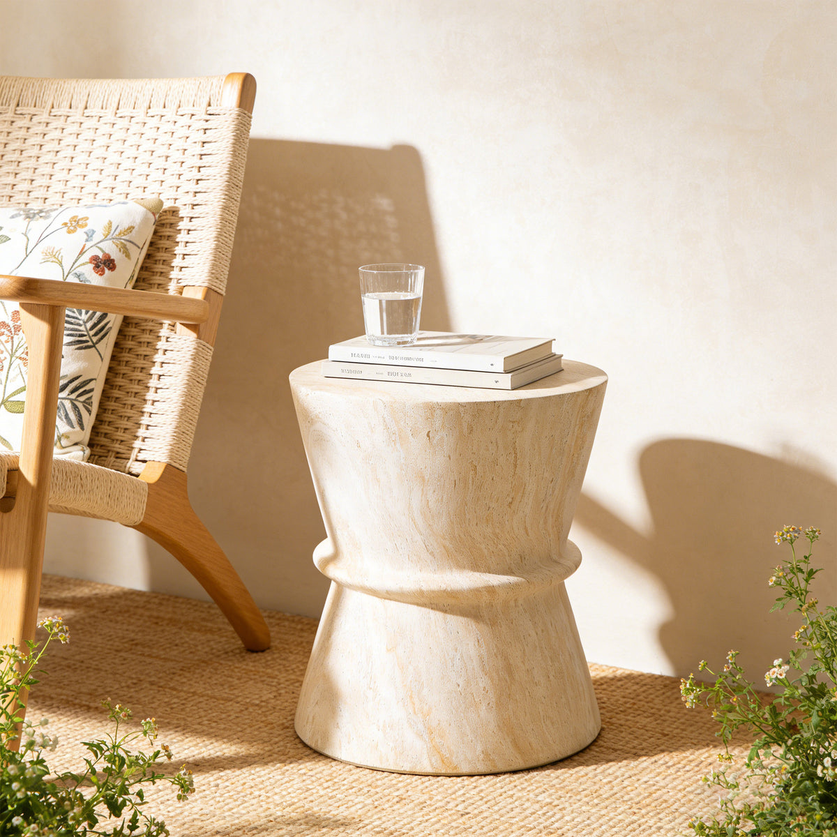 variant-group:rf-n711p422072m|Roomfitters Mid-Century Beige Hourglass Outdoor Side Table, Lightweight Concrete Accent Table, Modern MgO Garden End