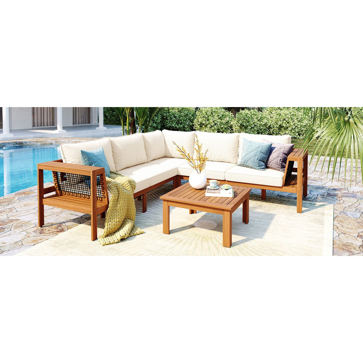 variant-group:rf-n704f201249n|Roomfitters 4-Piece Outdoor Sectional Sofa Set with Coffee Table and Built-in Side Shelves, Wood Frame, Beige+Teak