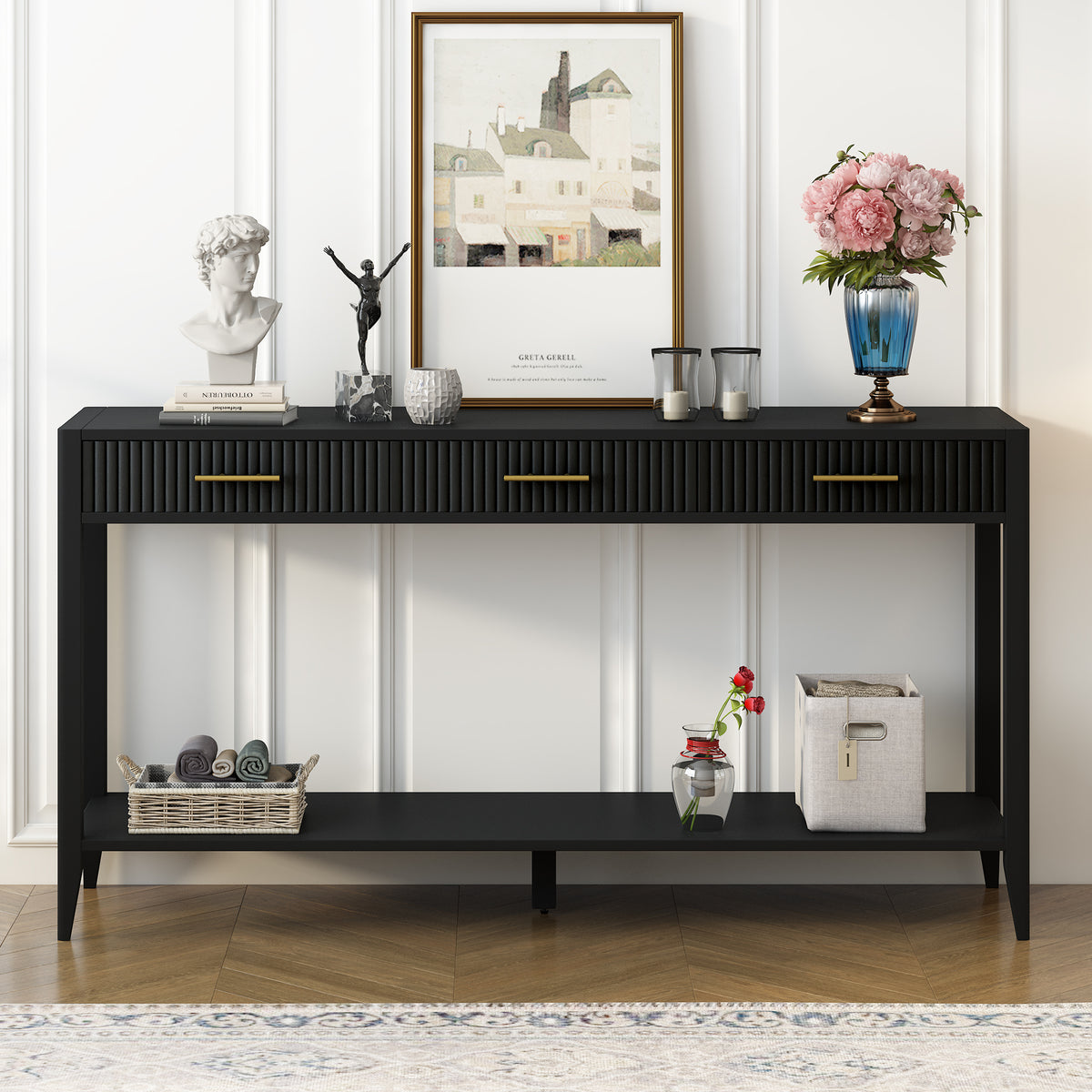 variant-group:rf-n711p190531b|Roomfitters Entryway Console Table with Vertical Stripe Pattern and Long Legs, Storage for Hallway, Black