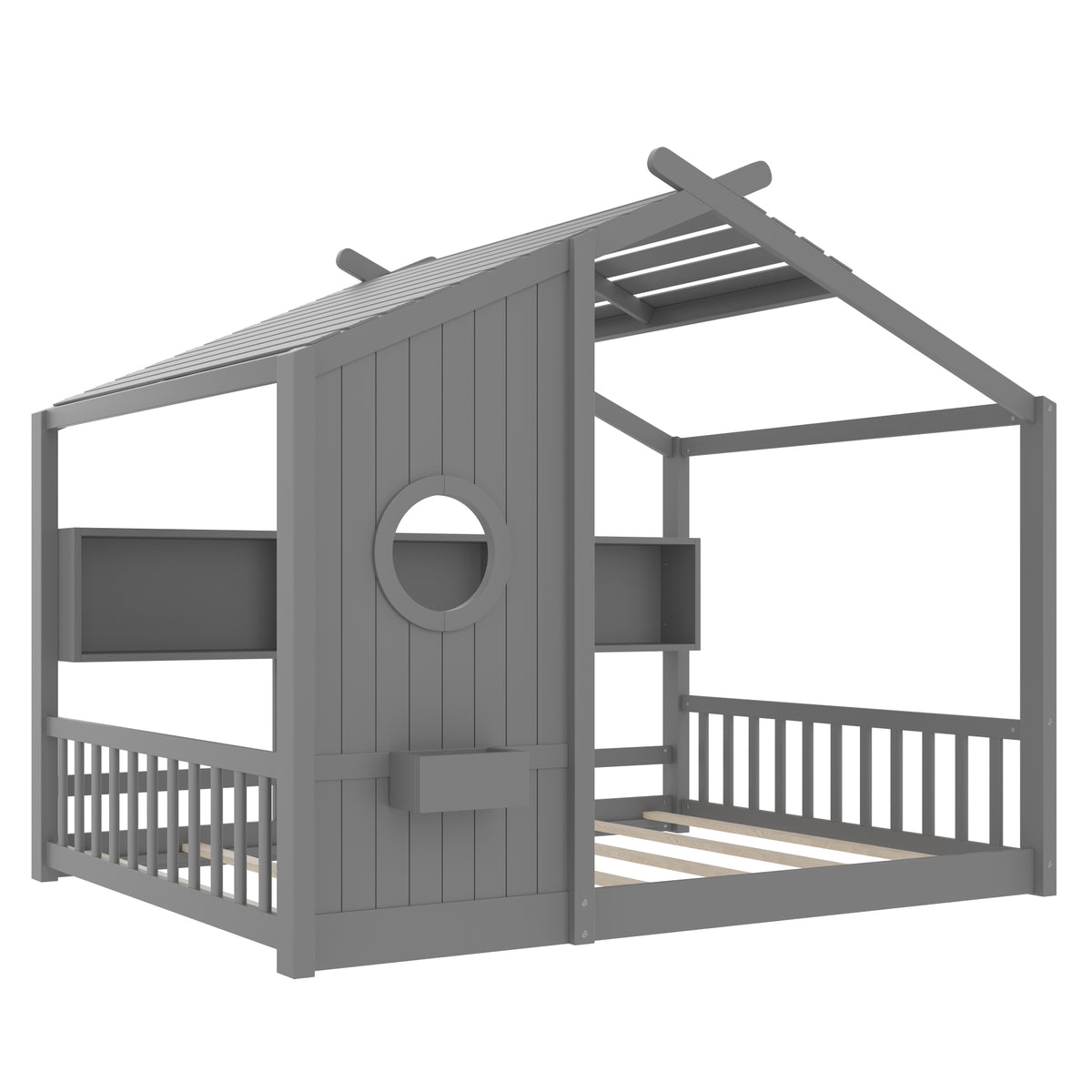 variant-group:rf-n733p335068e|Roomfitters Full Size Floor House Bed with Storage Shelf and Roof Design, Montessori Playhouse Bed, Gray