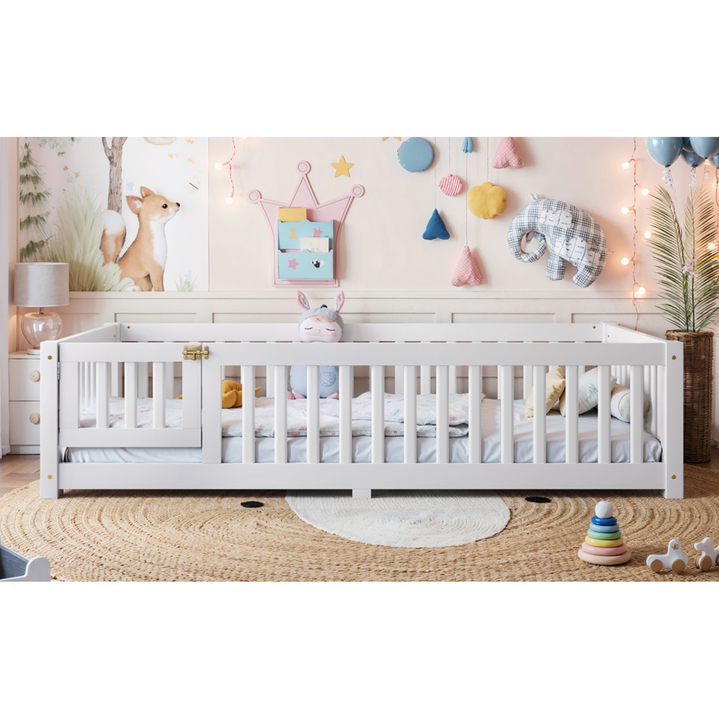 variant-group:rf-w1580p462311|Roomfitters Twin Size Wooden Floor Bed Frame with Safety Guardrails Door, Solid Wood Low Profile Toddler Play Bed, White