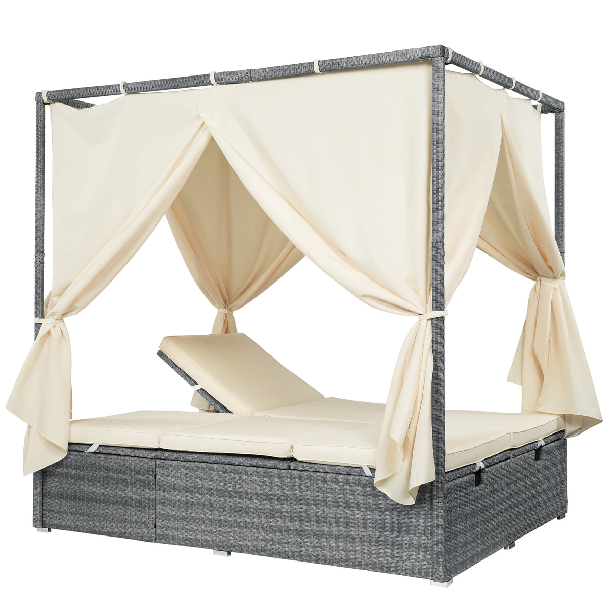 variant-group:rf-n711wy000471aaa|Roomfitters Modern Tropical Beige PE Rattan Outdoor Double Sun Lounger, Patio Daybed, Adjustable Recline, Canopy