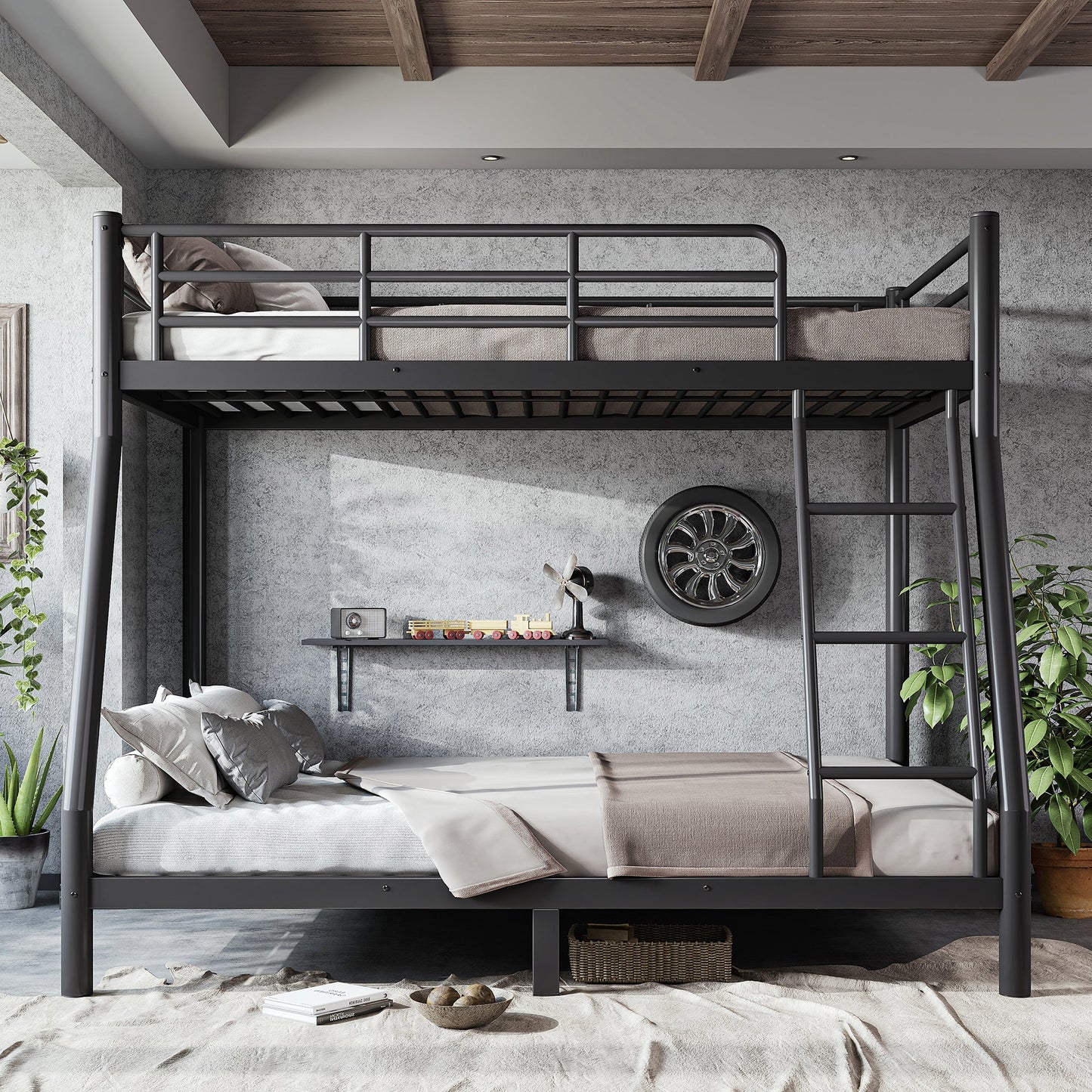 Roomfitters Twin over Full Bunk Bed Frame for Teens Adults, Heavy Duty Metal Round Tube Noise Free No Box Spring, Black