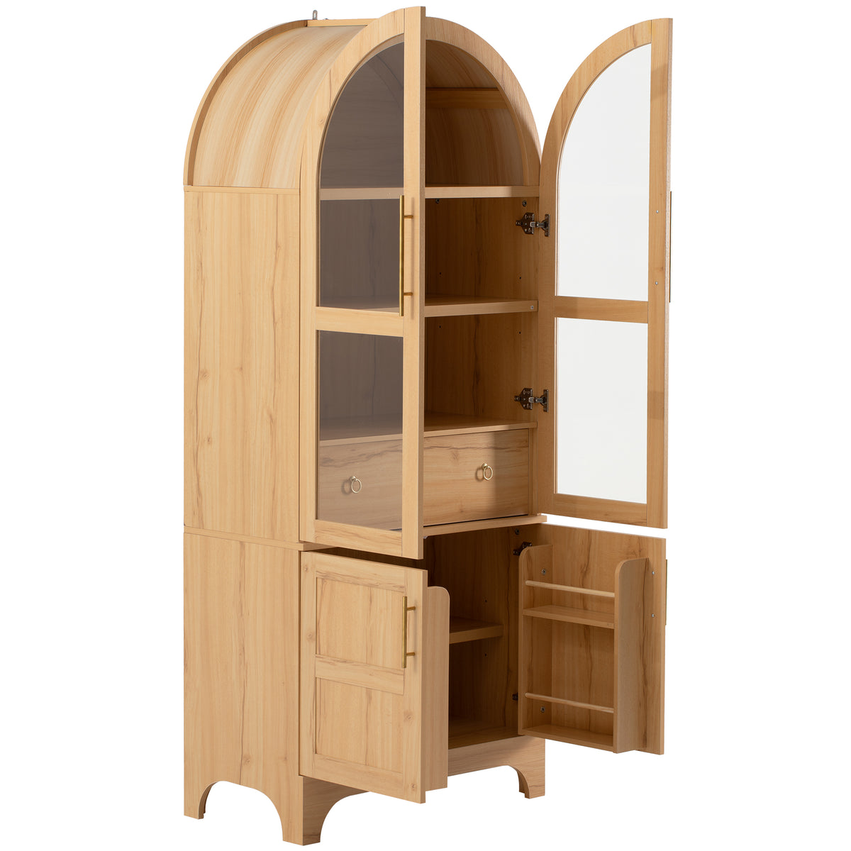 variant-group:rf-n707s288969y|Roomfitters 71" Pantry Cabinet with Arched Top & Glass Doors, 4-Door Storage Hutch with Adjustable Shelves for Kitchen, Natural