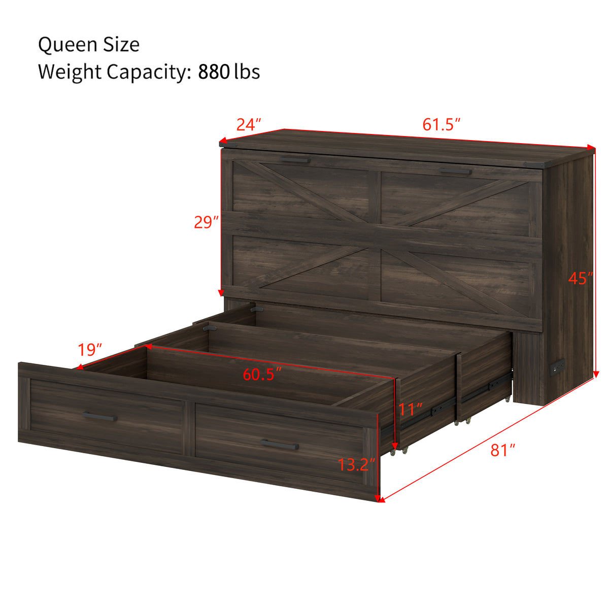 variant-group:rf-n733s361778g|Roomfitters Queen Farmhouse Murphy Cabinet Bed with Charging Station, Foldable Platform Bed with Storage Drawer, Rustic Gray