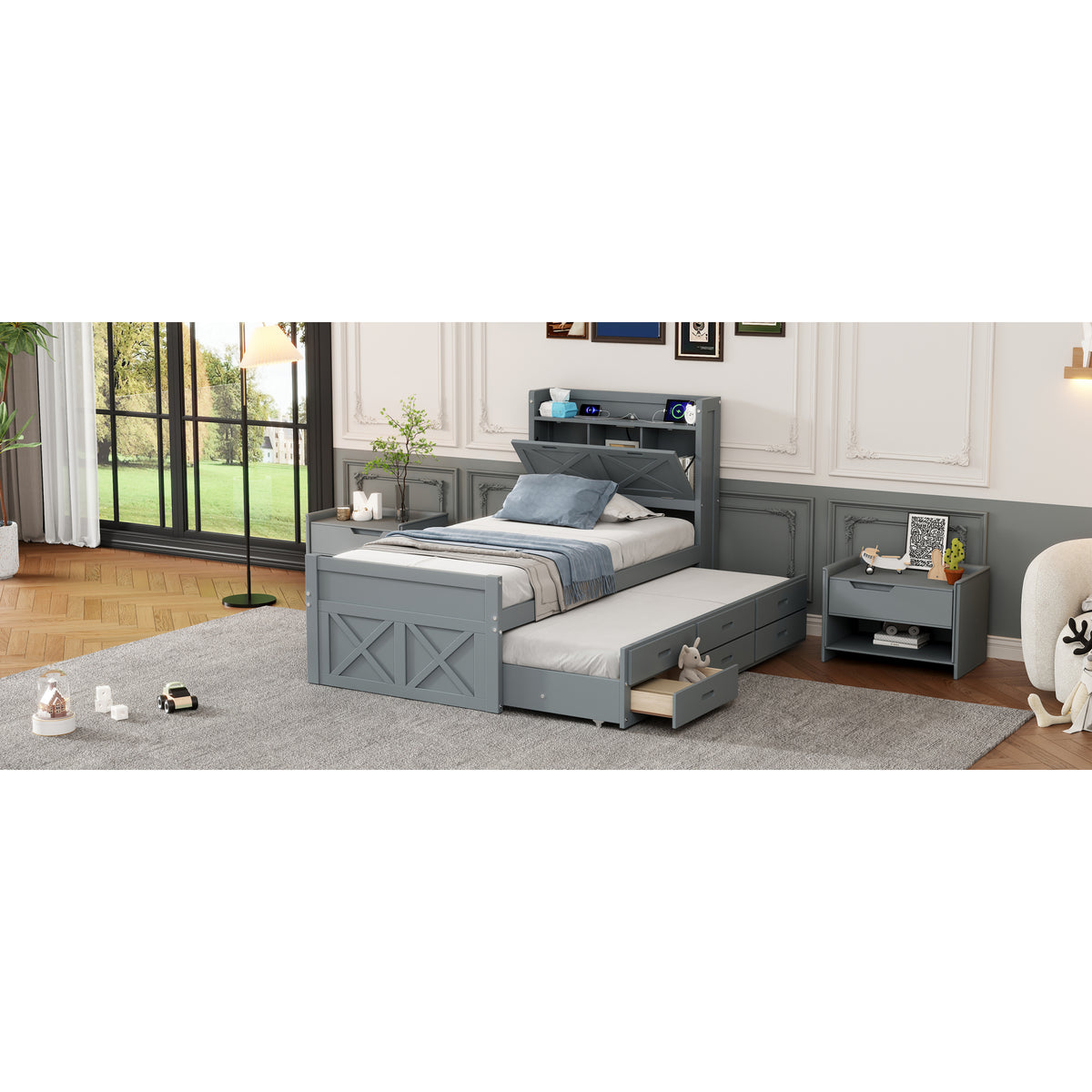 variant-group:rf-n733s172839e|Roomfitters Twin Size Wooden Bed with Storage Headboard, Convenient Outlets, Extendable Frame with Twin Trundle and Ample Storage, Gray