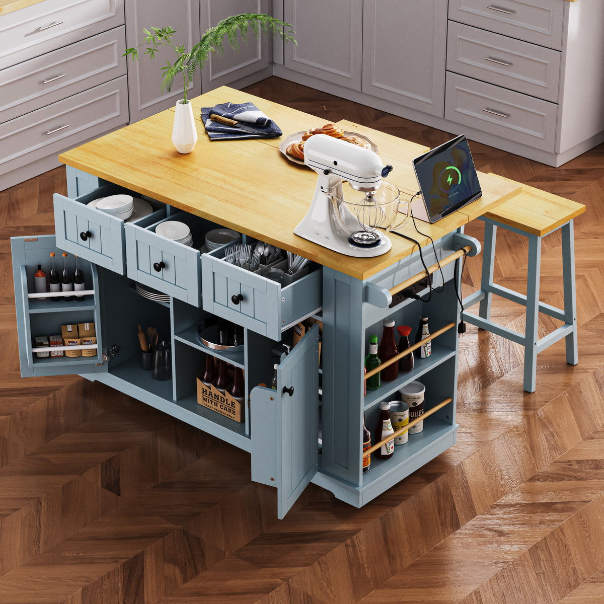 variant-group:rf-n707s003007g|Roomfitters 53" Kitchen Island with 2 Bar Stools, Drop Leaf, Power Outlet, Rolling Kitchen Cart Set with Storage, Grey-Blue
