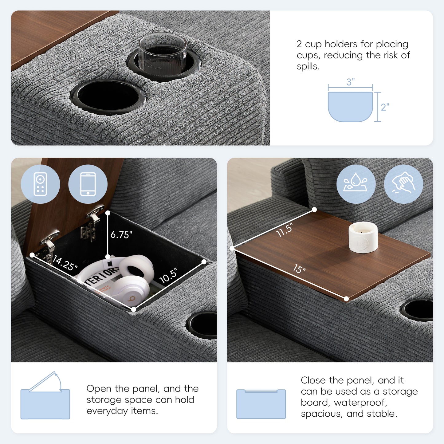 variant-group:rf-n723s1166e|Roomfitters 139 Inch U-Shaped Modular Sectional Sofa with Storage Console, Cup Holders and USB Ports for Living Room, Gray