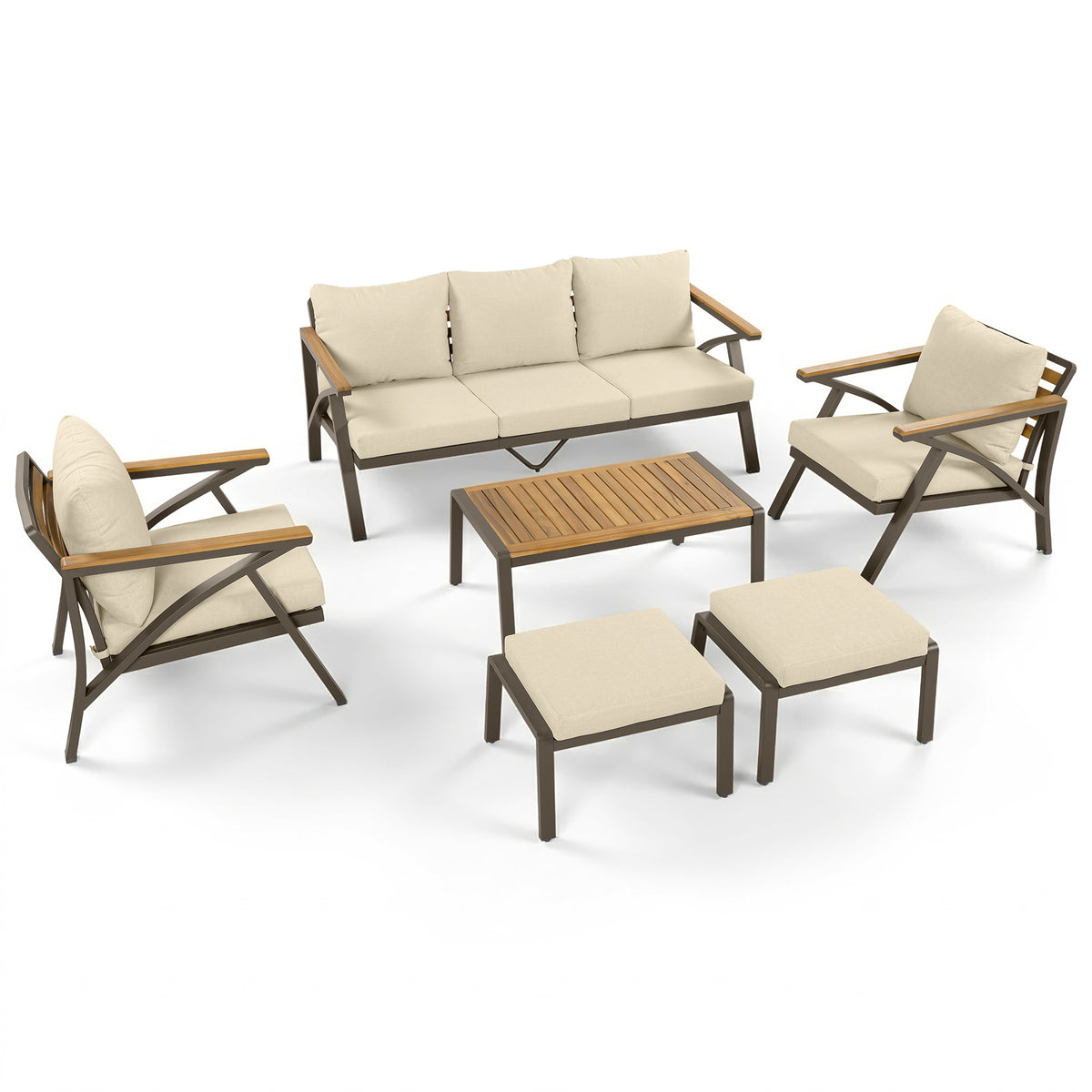 variant-group:rf-n704g201256a|Roomfitters 6-Piece Steel Conversation Set with 3-Seat Sofa Multi-Functional Ottomans and Acacia Wood Table Beige