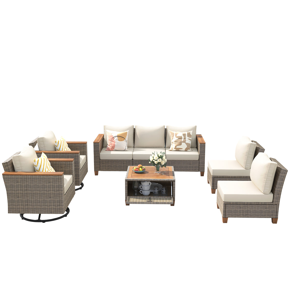 variant-group:rf-n707s005016z|Roomfitters 8-Piece Patio Furniture Set with 360 Swivel Rocker Chairs, Modular Outdoor Sectional Sofa & Table, Beige+Brown