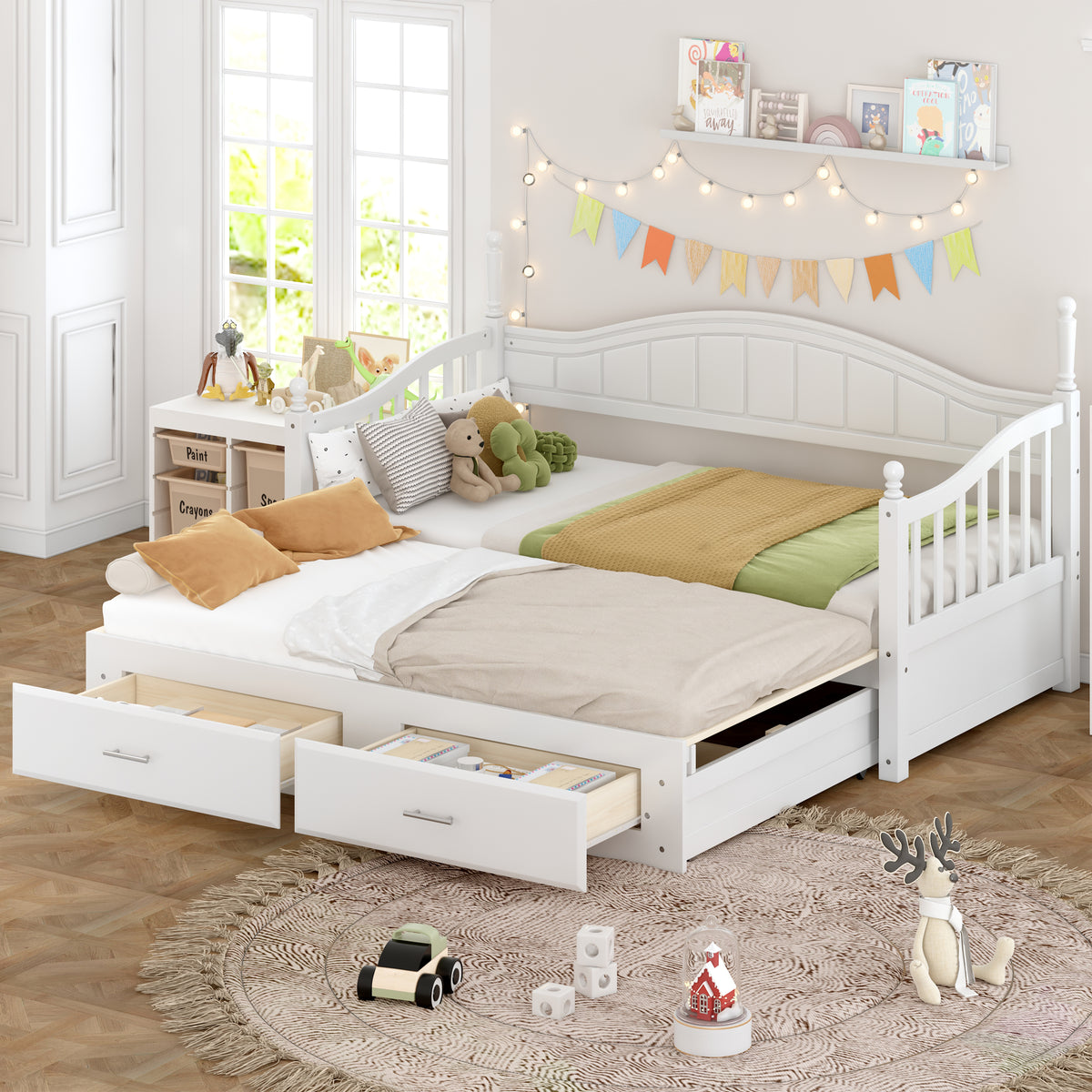 variant-group:rf-n733s173459k|Roomfitters Wooden Twin Size Daybed with Extendable Frame, Twin Trundle and Additional Storage Drawers, White