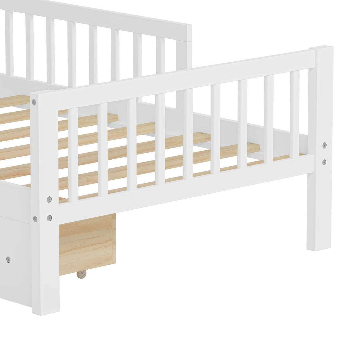 variant-group:rf-n733p272374k|Roomfitters Twin Bed with Headboard Storage Rack, Under-Bed Storage and Three-Side Guardrails, White
