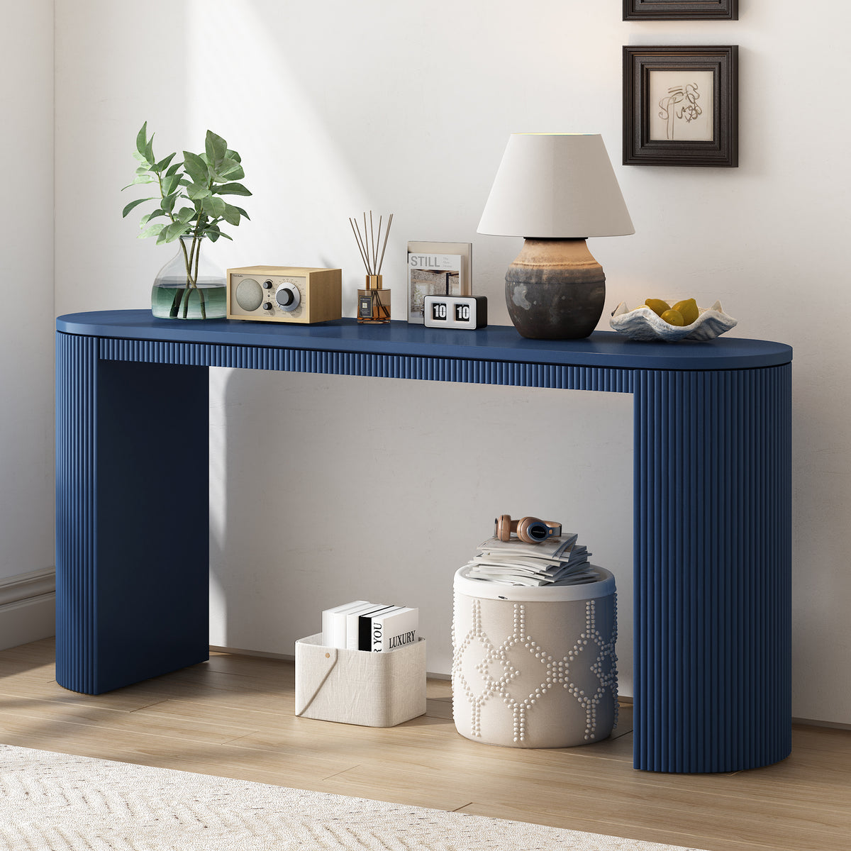 variant-group:rf-n711p205935v|Roomfitters Curved Console Table with Vertical Stripe Design, Entryway Table for Living Room, Navy Blue
