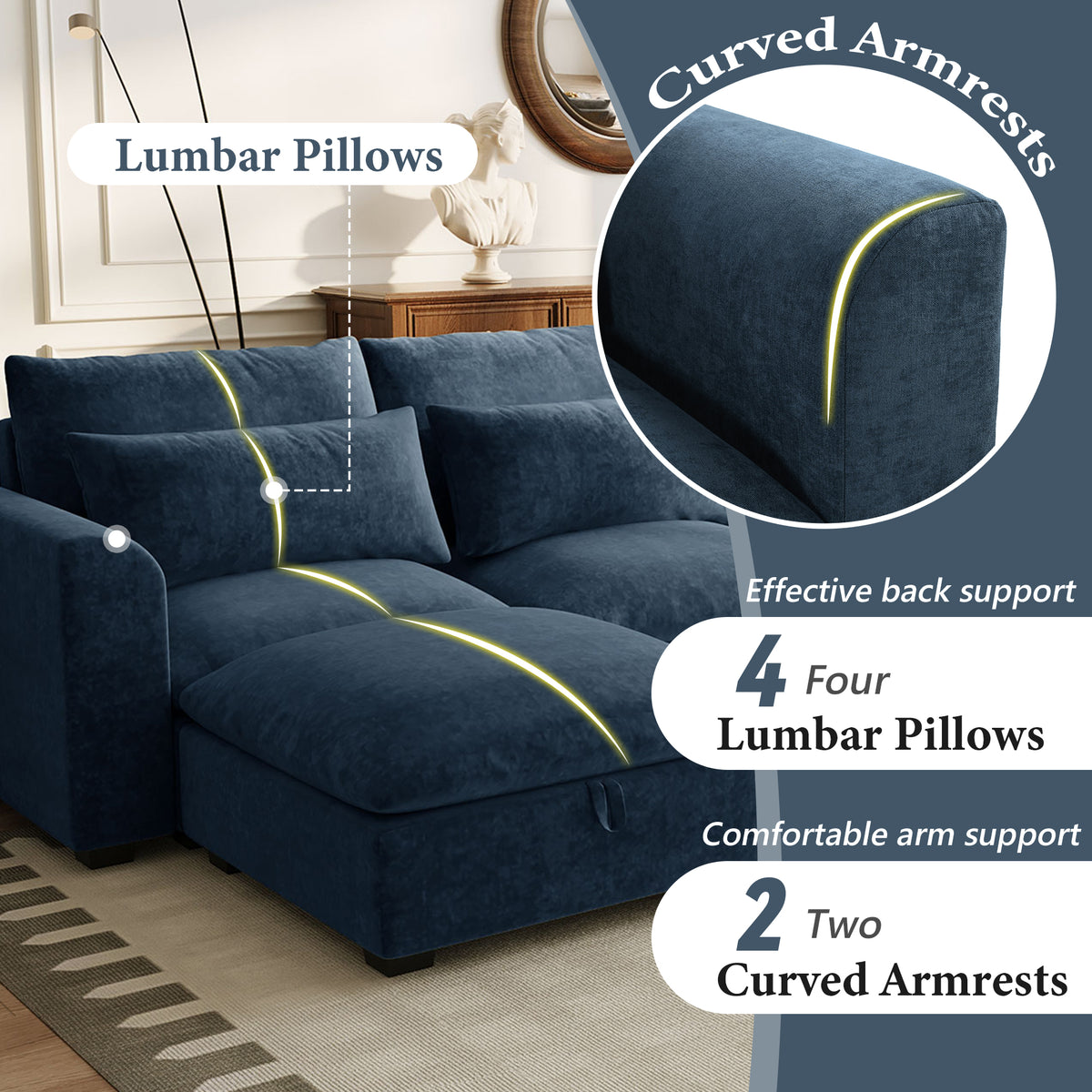 variant-group:rf-n711wy000491aac|Roomfitters 131.3-Inch Modern U-Shaped Sectional Sofa, 6-Seater Linen Blend Couch, 2 Storage Ottomans, Pit Lounge, Dark Blue