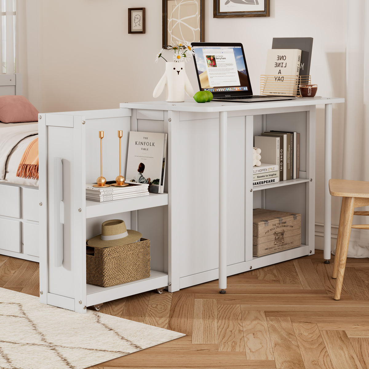 variant-group:rf-n733s212832k|Roomfitters Twin Size Multifunctional Wood Platform Bed with Desk and Storage Shelf, Built-in Trundle and Storage, White