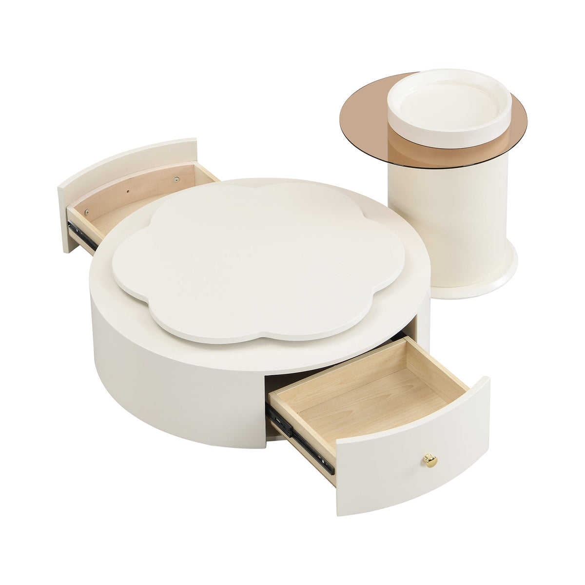 Roomfitters Rotatable Round Coffee Table Set of 2 with Flower-Shaped Top and Glass End Table, Off White Roomfitters