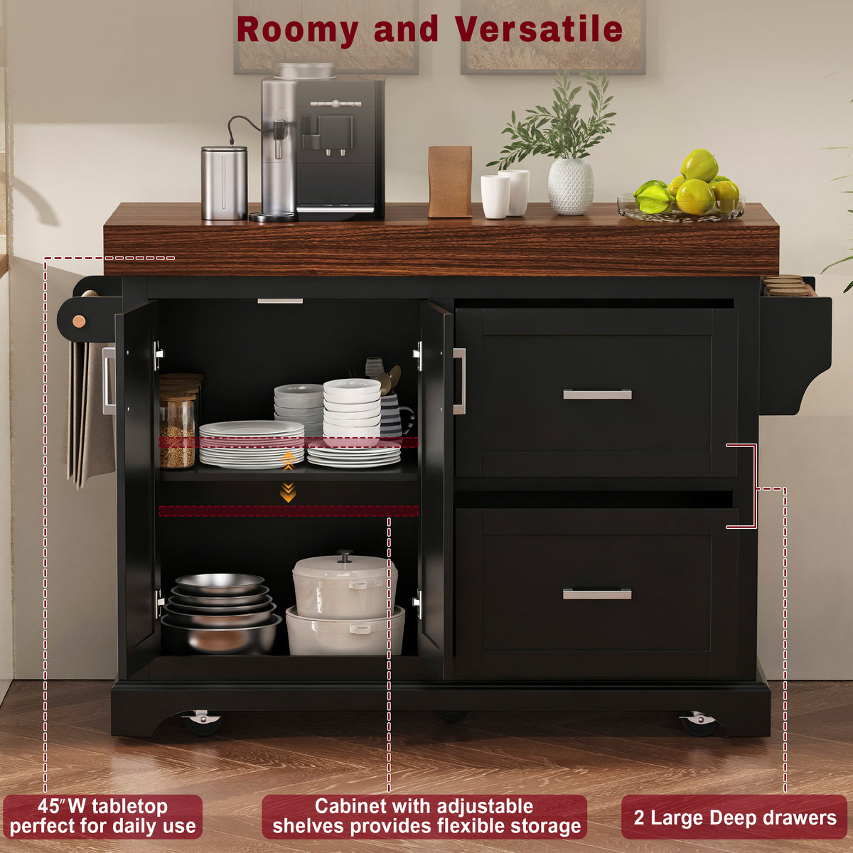 variant-group:rf-n707s000025b|Roomfitters 53" Kitchen Island with Butcher Block Top, Storage Cabinet with Drawers, Spice Rack and Towel Holder, Black