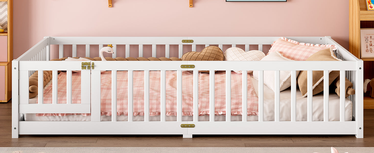 variant-group:rf-w1580p338953|Roomfitters Wooden Queen Floor Bed Frame with Door & Safety Guardrails, Low Platform Design for Bedroom or Playroom, White