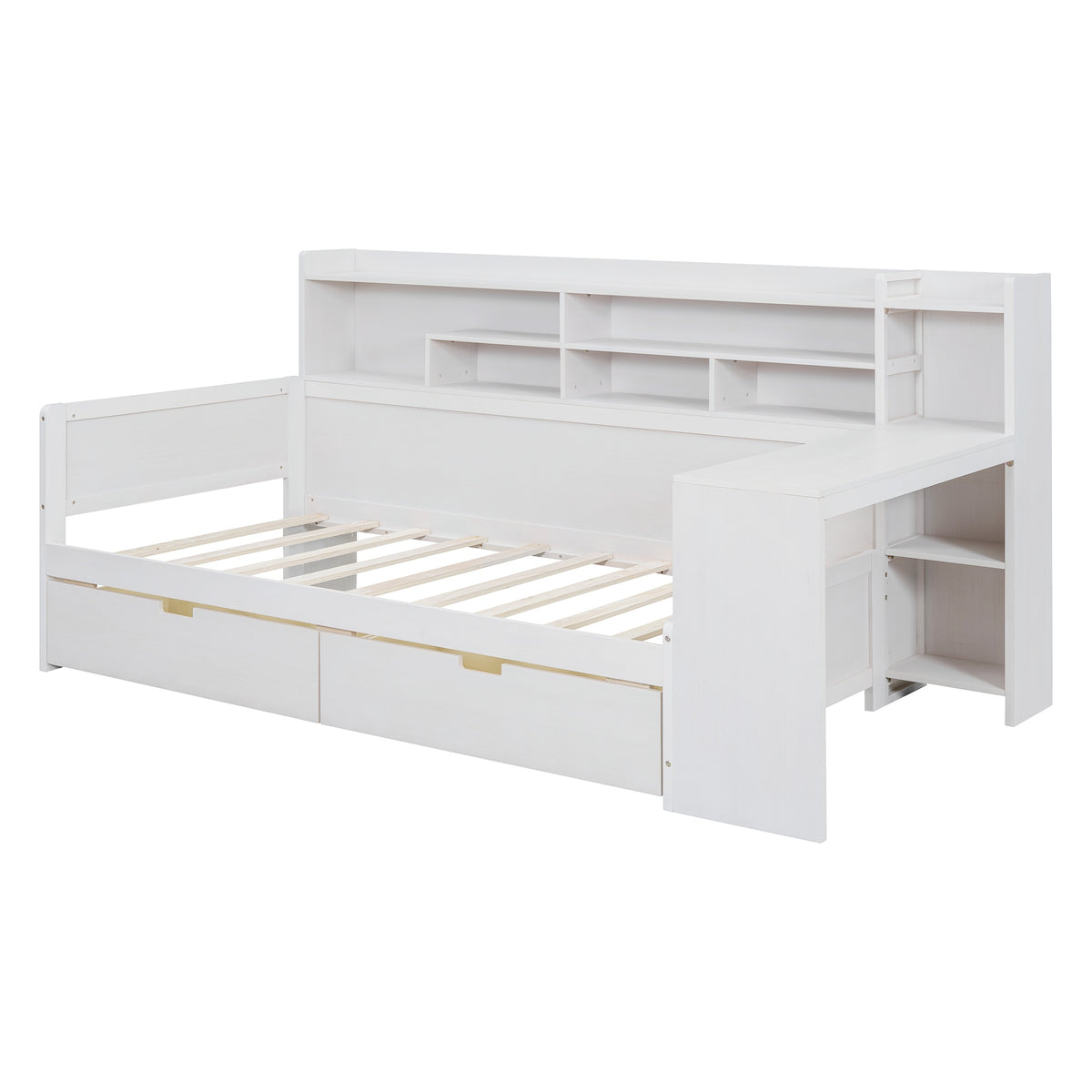 variant-group:rf-n733s241484k|Roomfitters Wooden Twin Size Daybed with Storage Shelves, Multi-functional Bed with Two Storage Compartments and Study Desk, Antique White