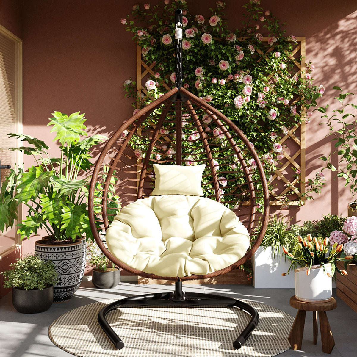 variant-group:rf-n711p389502k|Roomfitters Indoor Outdoor Hanging Egg Hammock Chair with Stand, Wicker Rattan Swing for Patio and Bedroom, Brown+Beige