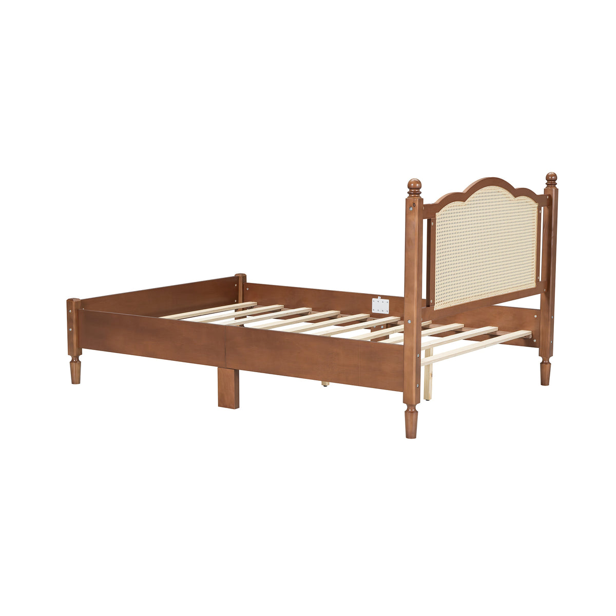 Roomfitters Full Size Wooden Platform Bed with Natural Rattan Headboard, Durable Vintage Bed Frame with Sturdy Wooden Slat Support for Rustic Sophistication, Walnut
