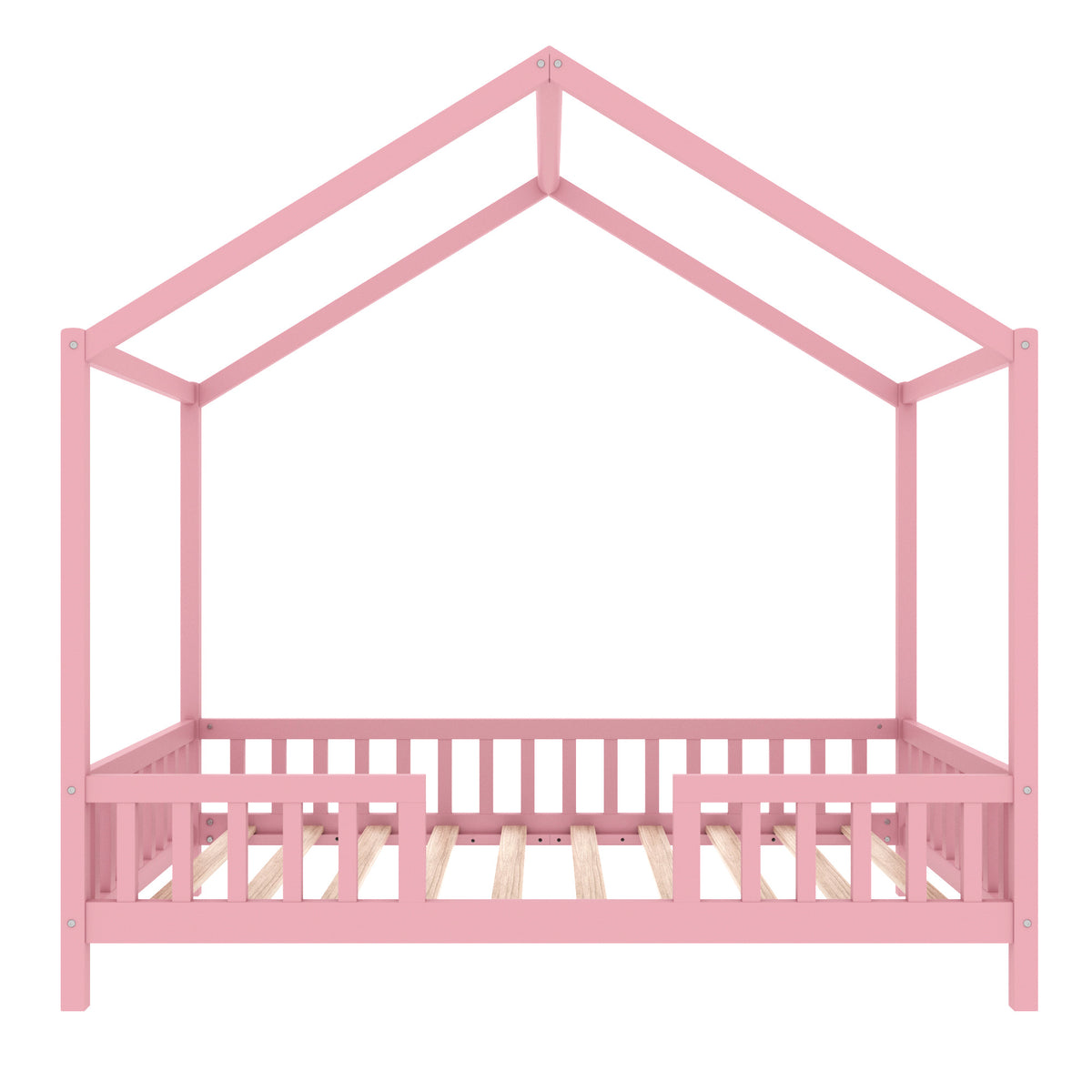 variant-group:rf-n733p356043h|Roomfitters Twin Montessori Floor Bed with Canopy, House Shape Wood Frame with Safety Rails, Youth Platform Bed, Pink