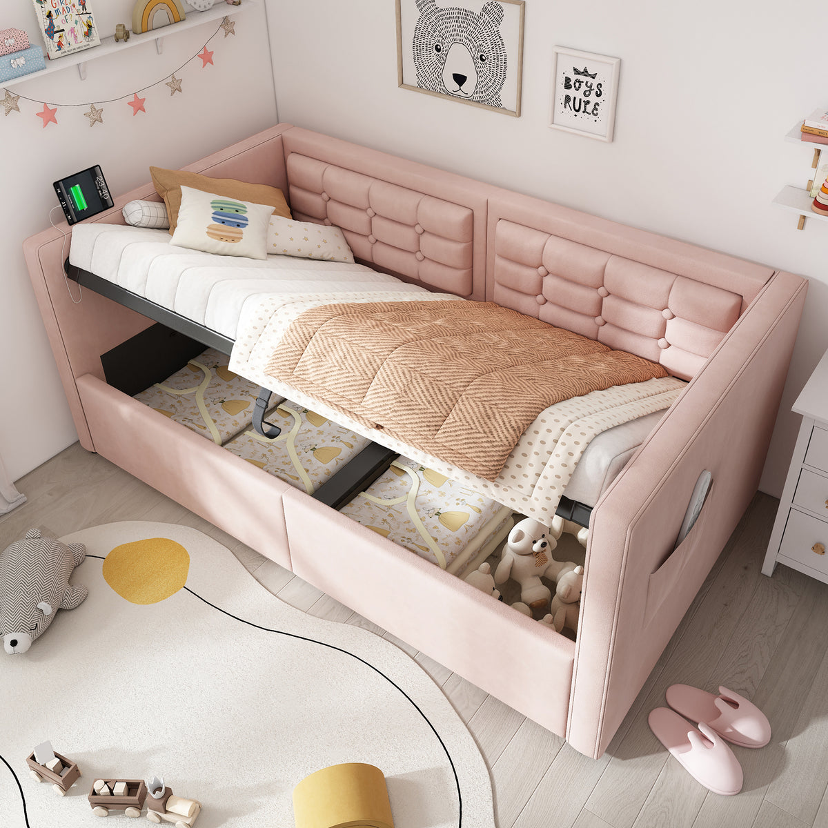 variant-group:rf-n736p303402p|Roomfitters Upholstered Twin Size Daybed with Storage, USB & Type-C Charging, Tufted Sofa Back, Velvet Pink