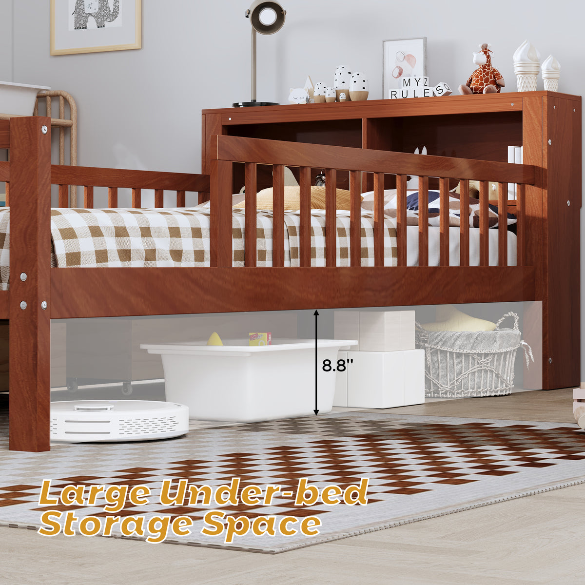 variant-group:rf-n733p272374d|Roomfitters Twin Bed with Headboard Storage Rack, Under-Bed Storage and Three-Side Guardrails, Walnut
