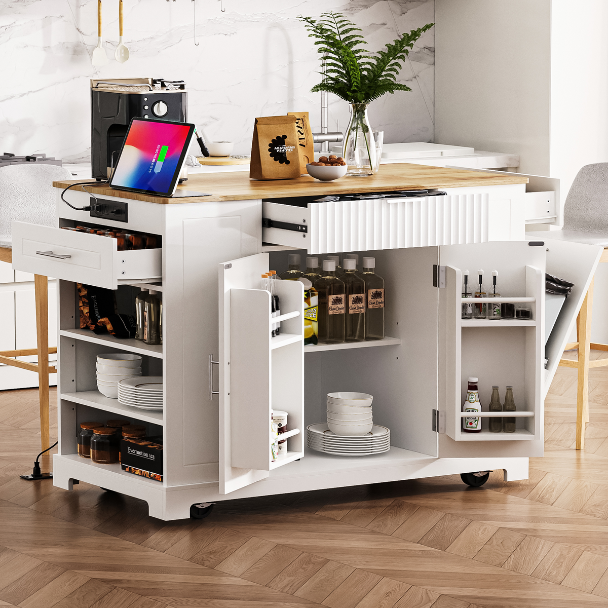 variant-group:rf-n707s221571w|Roomfitters Kitchen Island with Tilt Out Trash Can and Power Outlet, Fluted Storage Cabinet on Wheels, White