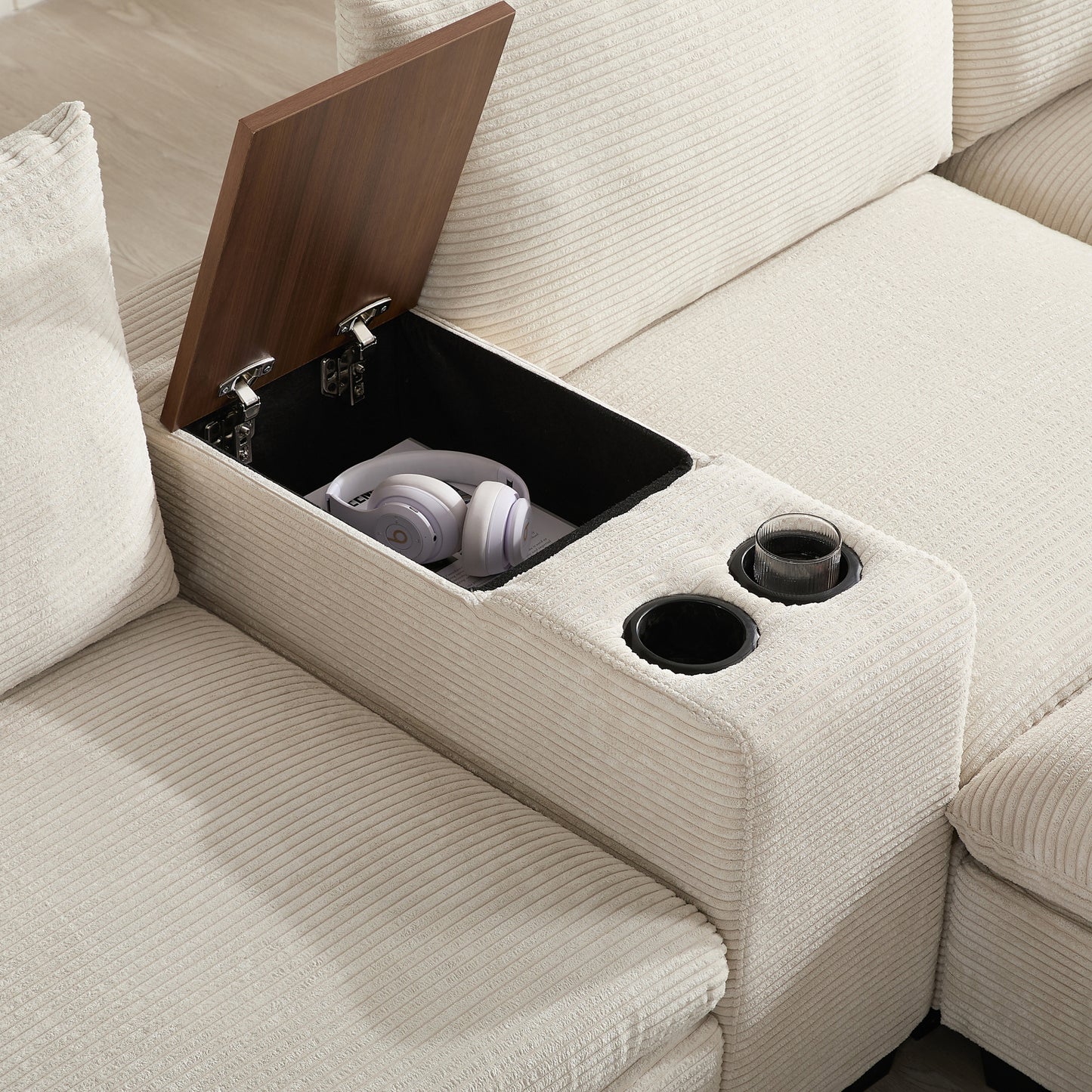 variant-group:rf-n723s1166a|Roomfitters 139 Inch U-Shaped Modular Sectional Sofa with Storage Console, Cup Holders and USB Ports for Living Room, Beige