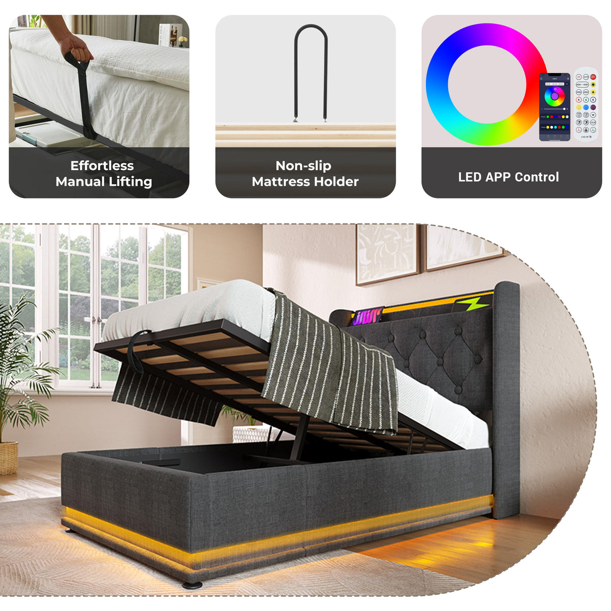 variant-group:rf-n736p188805g|Roomfitters Twin Size Upholstered Storage Bed with USB Type-C Charging and Remote Control, Linen Gray