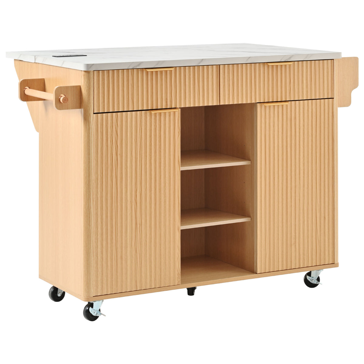 variant-group:rf-n707s000019y|Roomfitters 52" Fluted Kitchen Island with Drop Leaf, Power Outlet & Faux Marble Top, Natural