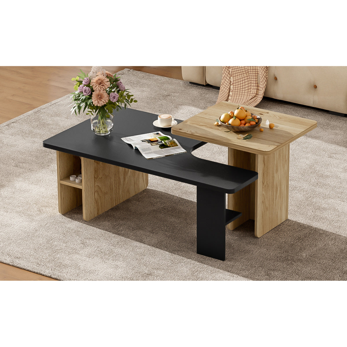 variant-group:rf-n724p294661b|Roomfitters Farmhouse Nesting Coffee Table Set of 2, Rectangle Wood Finish Accent Tables for Living Room and Sofa Side, Black