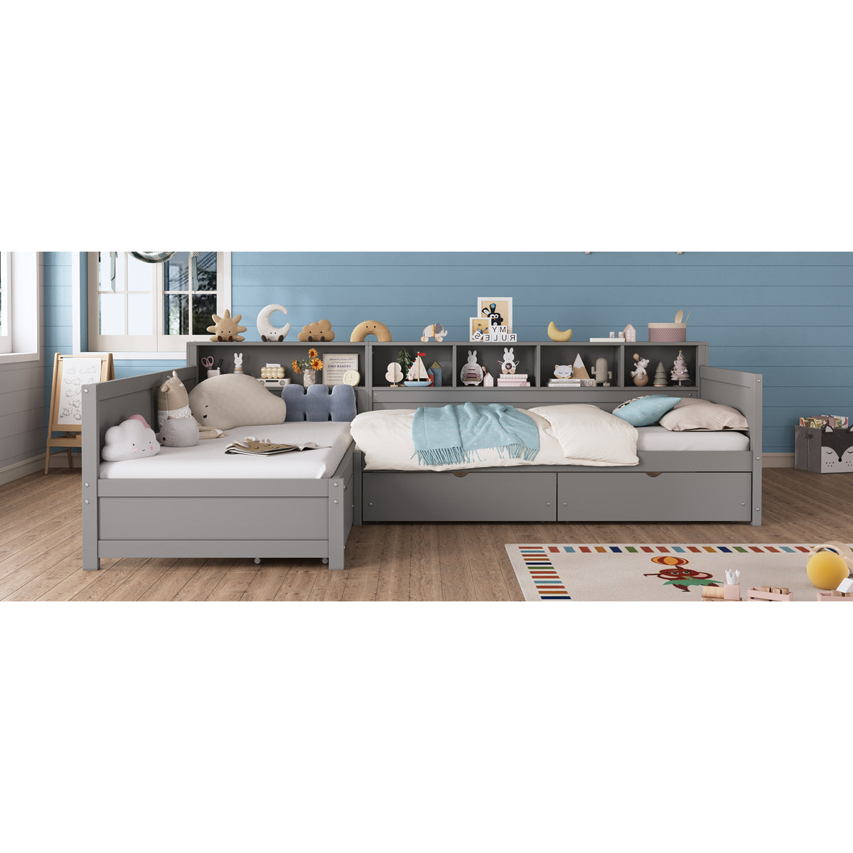 variant-group:rf-n733s369272e|Roomfitters Twin L-Shaped Daybed for 2 with 3 Storage Drawers, Wooden Corner Bed Frame with Bookshelf for Bedroom, Gray