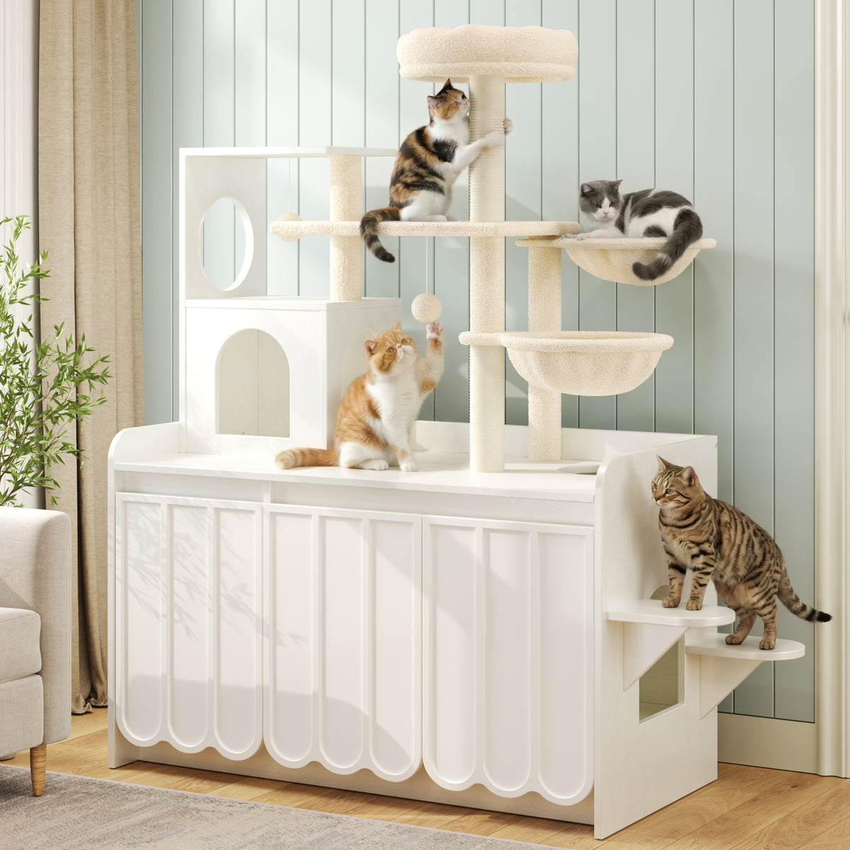 variant-group:rf-n704p443505k|Roomfitters All-in-One Modern Multi-Level Cat Tree Tower Condo with Hidden Litter Box Enclosure Space White