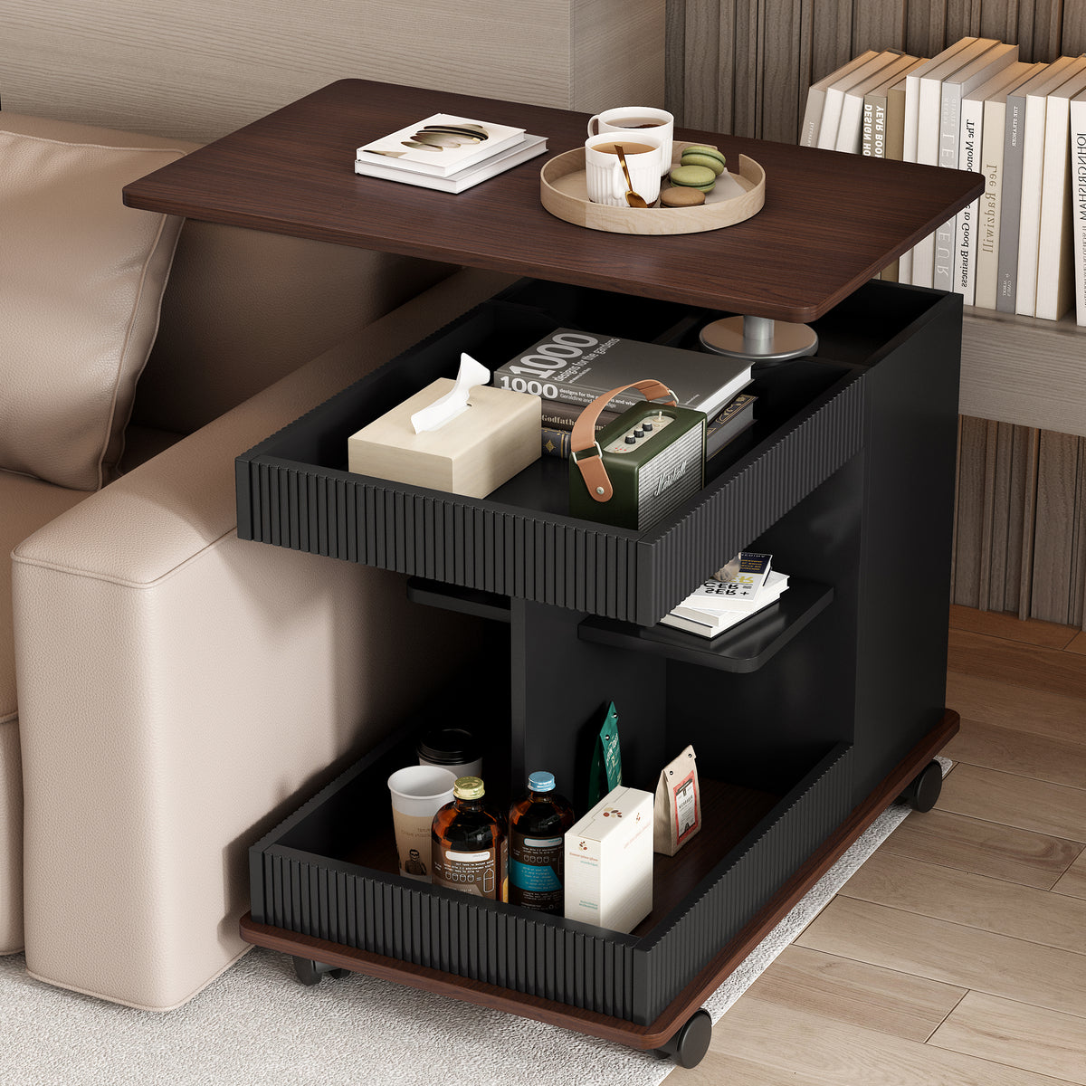 variant-group:rf-n724p292505b|Roomfitters Adjustable Sofa Side Table with Lift-Top, Rotating Surface and Storage on Wheels for Small Spaces, Black